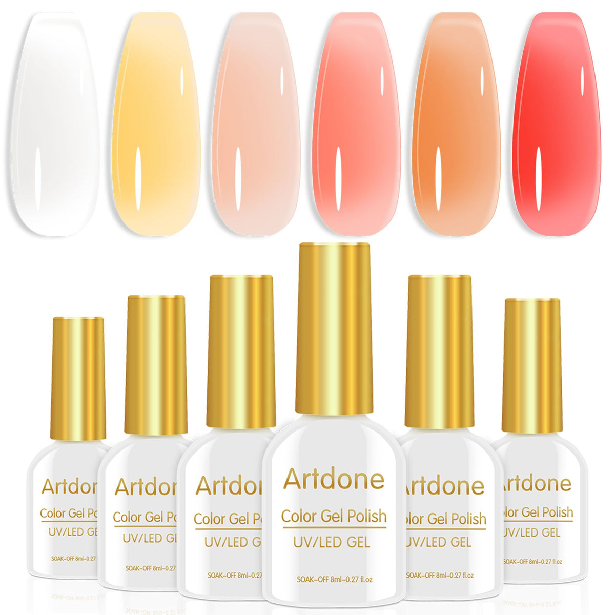 Artdone Sheer Gel Nail Polish Set Jelly UV Gel 6 Colors Translucent Milky White Yellow Light Apricot Red Colors Nail Polish For