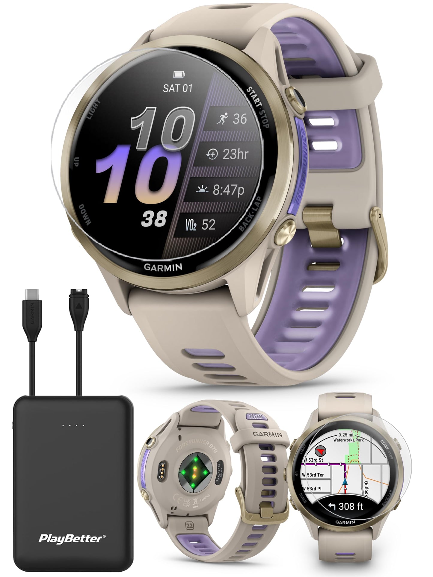 Playbetter Garmin Forerunner 970 (Soft Gold French Gray/Translucent Indigo) Premium Gps Running & Triathlon Smartwatch Bundle -