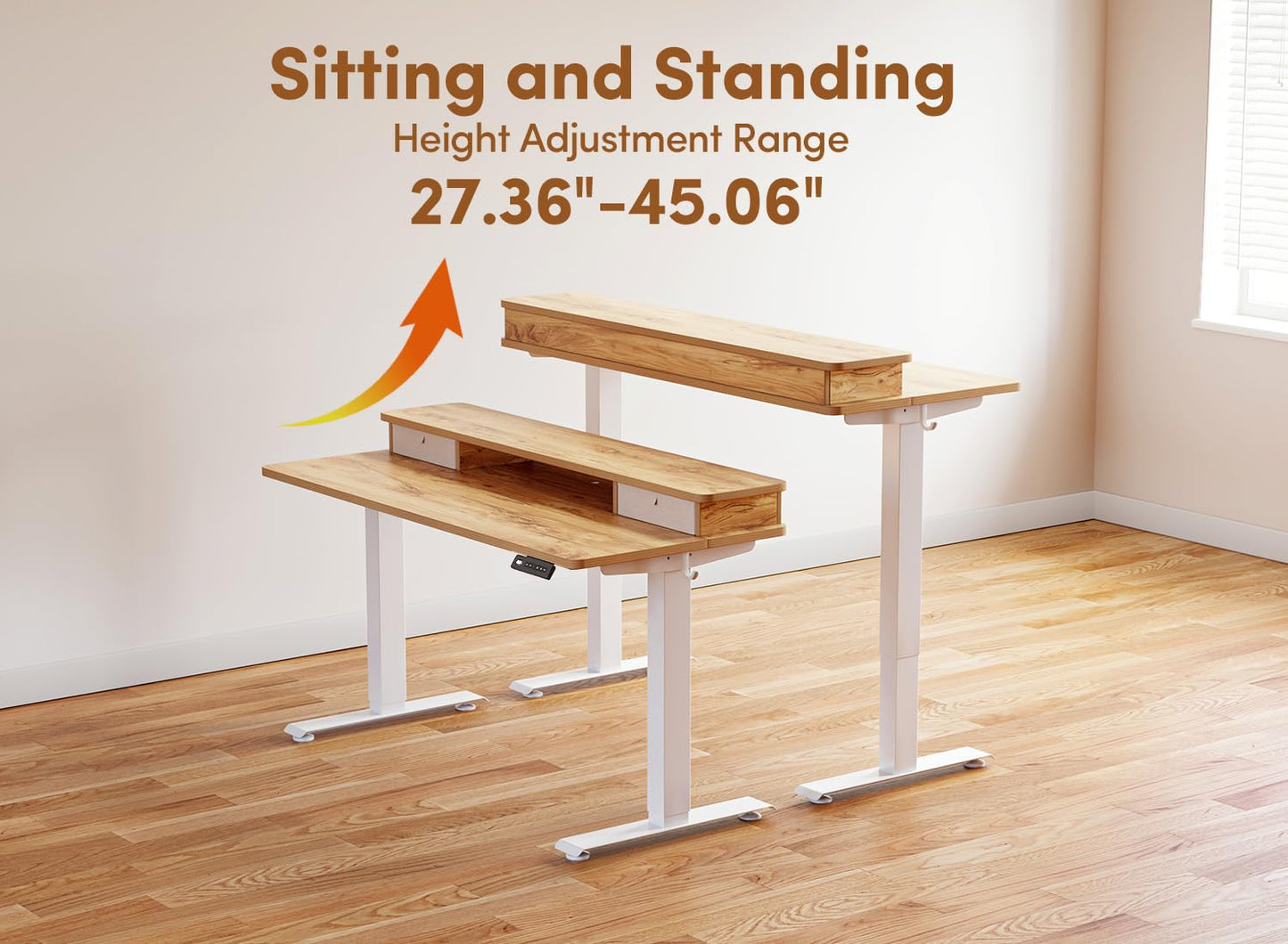 BANTI 48x24 Inch Electric Standing Desk with Dual Drawers, Height Adjustable Stand Up Table, Sit Stand Home Office Desk with Storage Shelf, White Frame/Light Rustic Brown Top