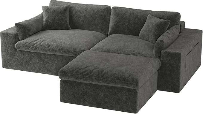 Cloud Sectional Couches for Living Room, Modern Boneless Modular Sofa with 1 Ottoman, Oversized Boneless Sectional Couches with 2 Deep Seat, No Assembly Required L-Shape Couch, Plush Fabric, Dark Gray