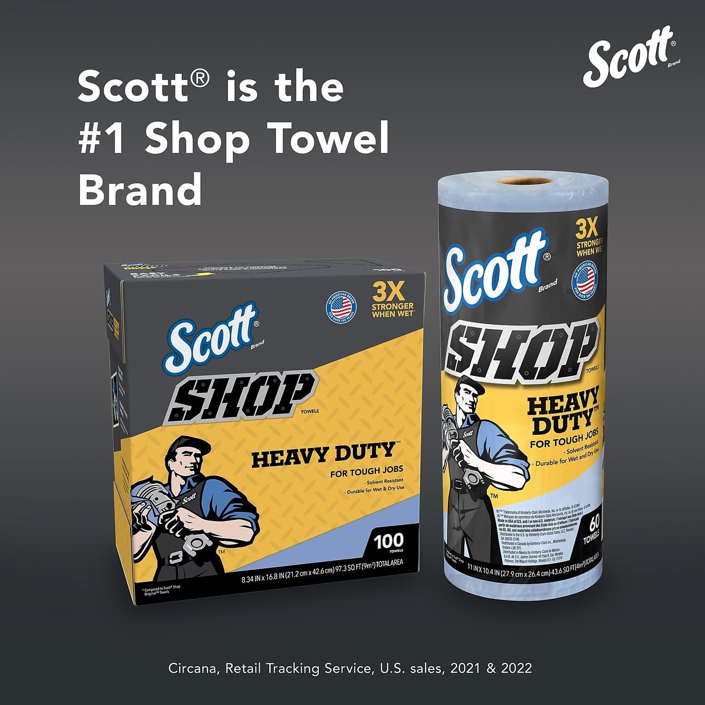 Scott Shop Original Heavy Duty Towels (32992), Blue, Cloth-like Paper Towel for Solvents, 10.4"x11" Wipe (12 Rolls of 60 Sheets, 720 Sheet Total)