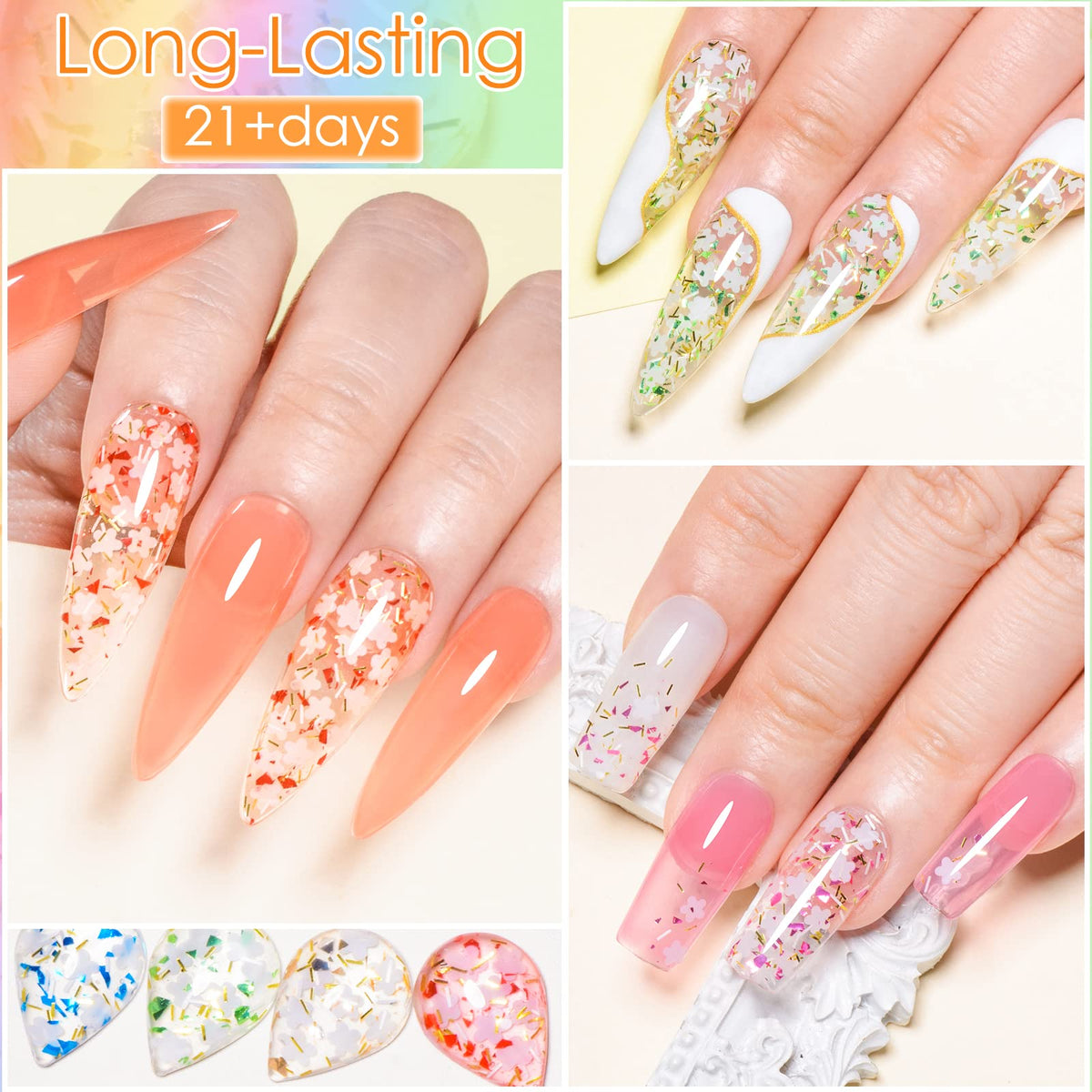 Flower Glitter Gel Nail Polish Set - 6 Pcs Diamond Sequins Style Gold Blue Green Clear Pink Jelly Gel Nail Polish Set with Flowe