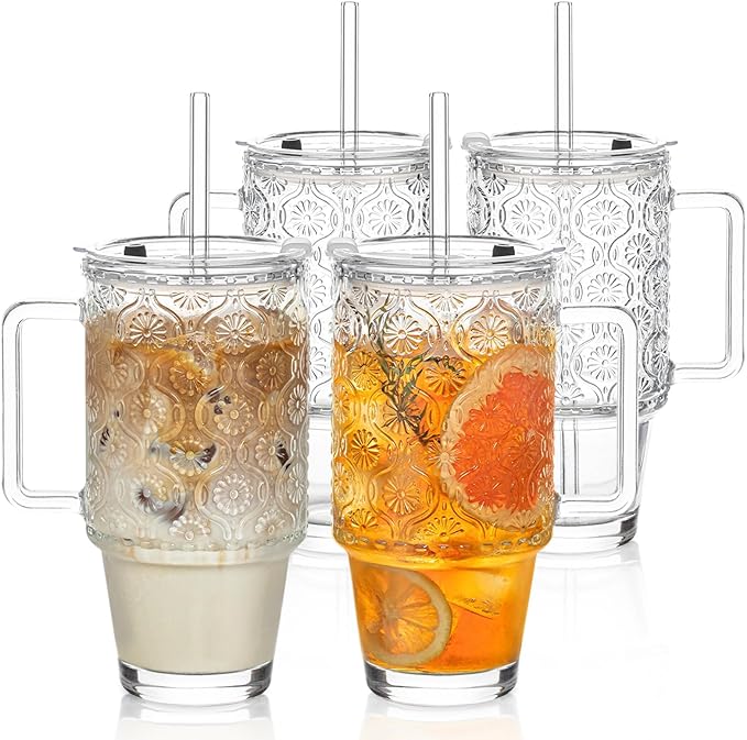 KEMORELA 4-Pack 24 Oz Glass Tumblers with Straws and Lids, Iced Coffee Cups with Begonia Floral Pattern, Smoothie Cups wit...