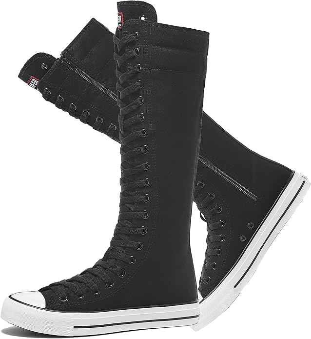 rismart Women's Tall Canvas Boots Knee Length Lace Up Punk Dancing Sneakers