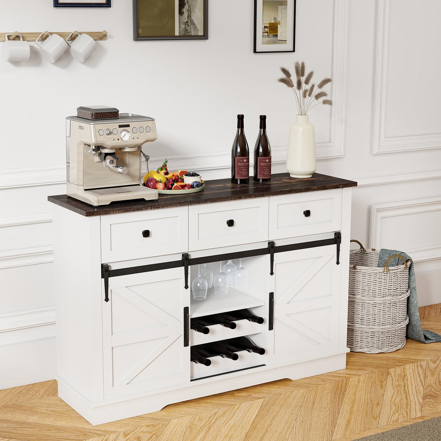 Kmax Farmhouse Wine Bar Cabinet w, 54” Buffet Cabinet with Storage, Rustic White Coffee Bar Cabinet with Sliding Barn Doors, Wine/Glass Rack & 3 Drawers for Living, Dining Room, Black Top