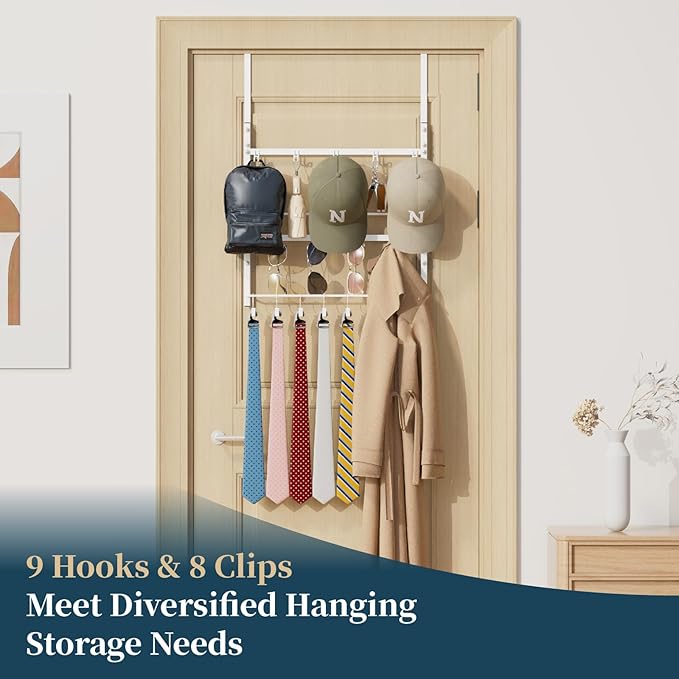 Consumest Over The Door Organizer - 3 Tier Door Hanger Hooks for Hanging Clothing, 24 Inches Long Coat Hanger for Bedroom, Bathroom, Laundry or Dorm Room, White