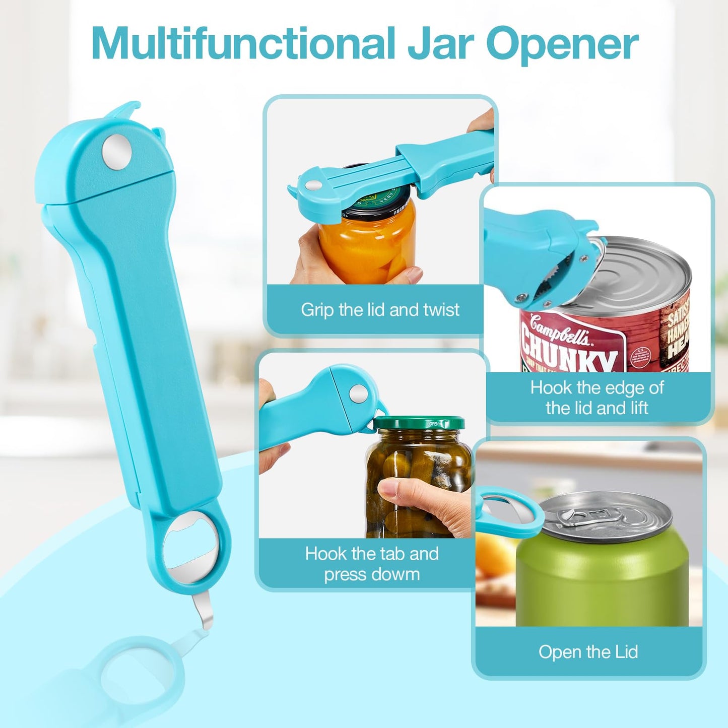 UYWLYCL Jar Opener Bottle Opener and Lid Opener for Seniors with Arthritis, Weak Hands, Multi 7 in 1 Retractable Magnetic Can Opener, Original Kitchen Wine Opener Gadgets (Cyan)
