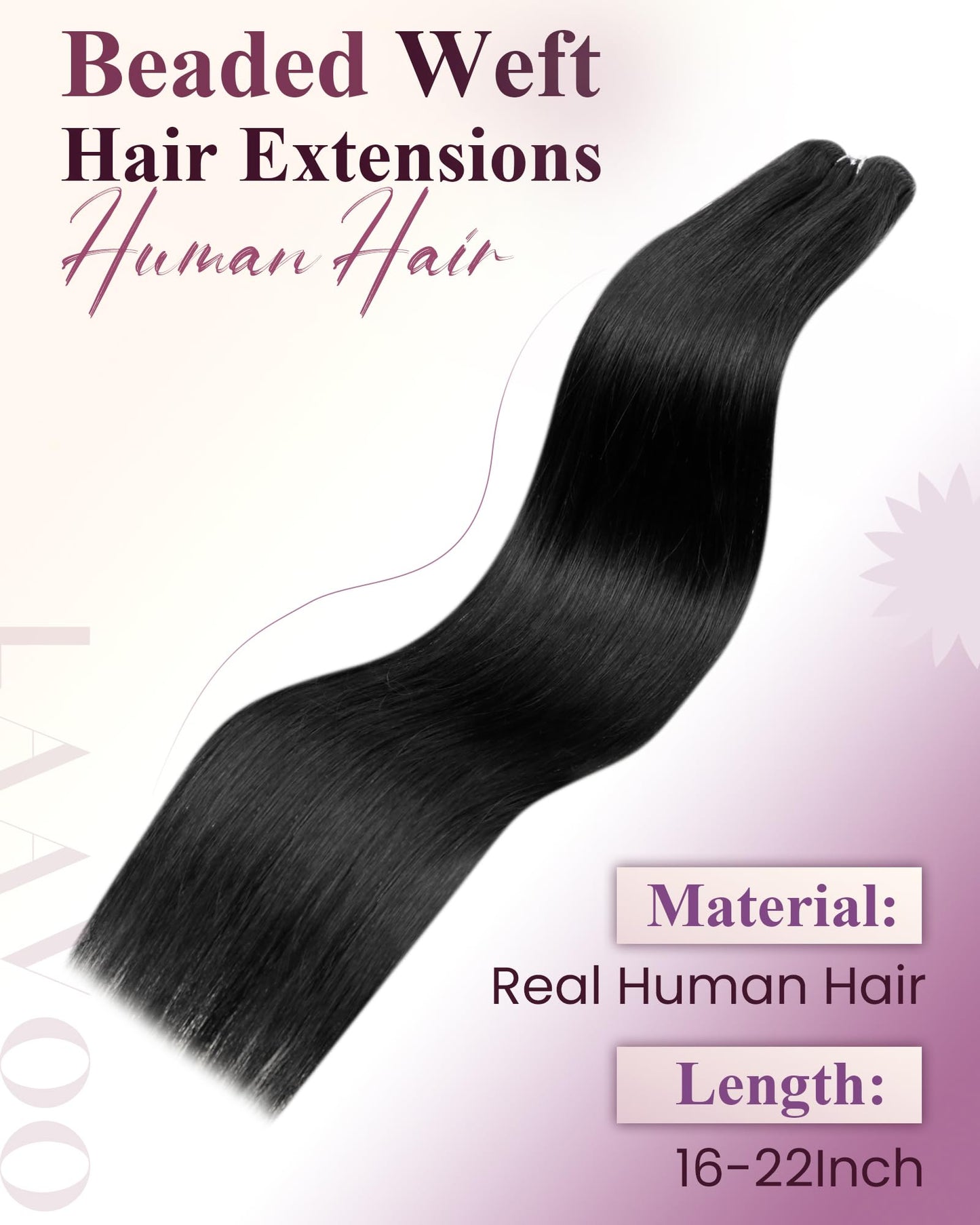 LaaVoo Beaded Weft Hair Extensions Black Weft Extensions Human Hair Bead Hair Extensions Real Human Hair #1 Black 22inch 50g