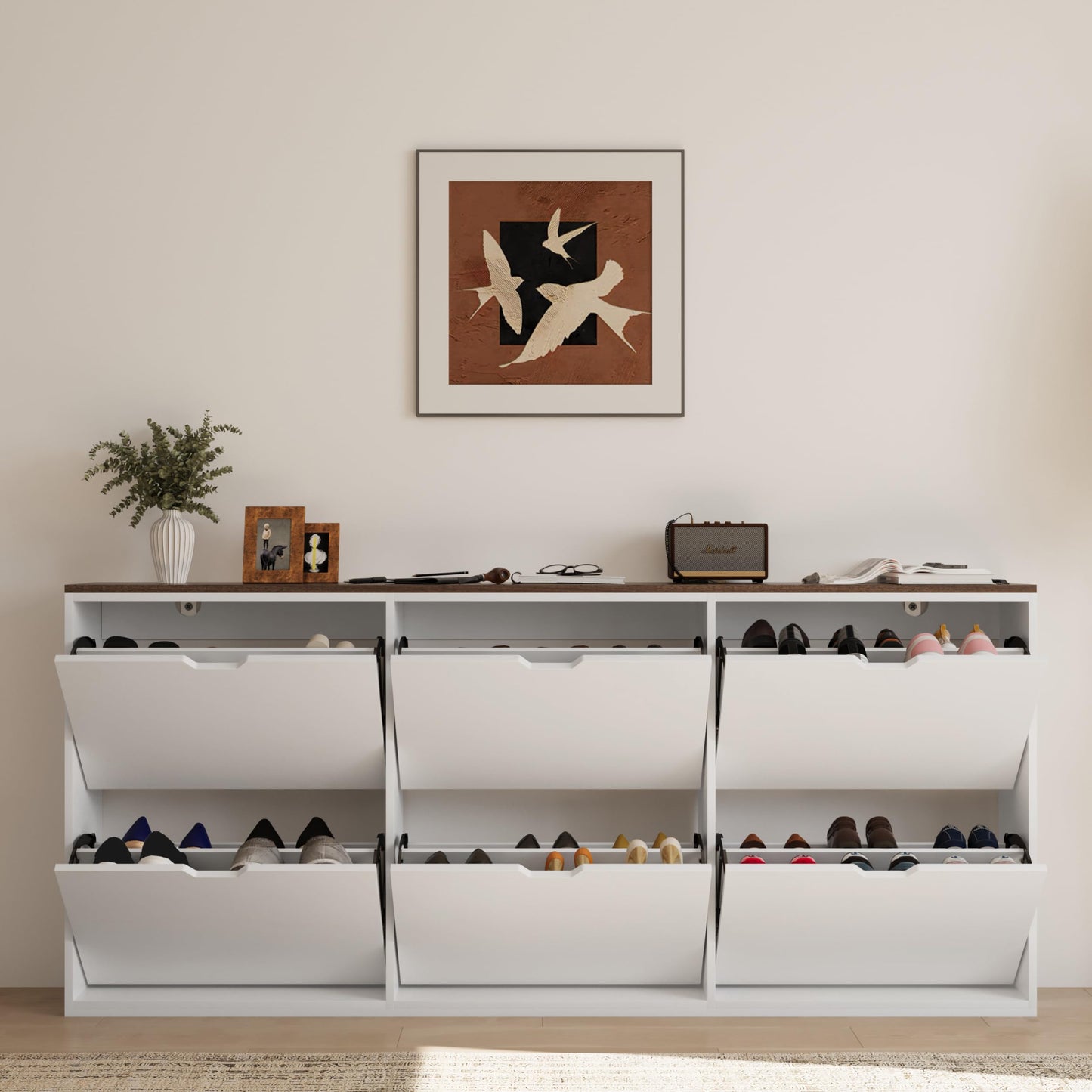 Bobve Entryway Shoe Cabinet with 6 Flap Drawers,70.87" Large Shoe Storage Cabinet,Handleless White Thin Shoe Organizer with Adjustable Shelves Wall-mountable Suitable for Bedroom, Garage, Hallway