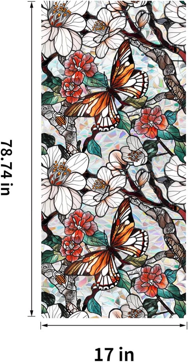 Stained Glass Window Film UV Resistant Window Privacy Film Butterfly Floral Privacy Rainbow Decals Living Room Bedroom Sun Blocking Decor Removable Static Cling Stickers 17 x 78.74 Inch