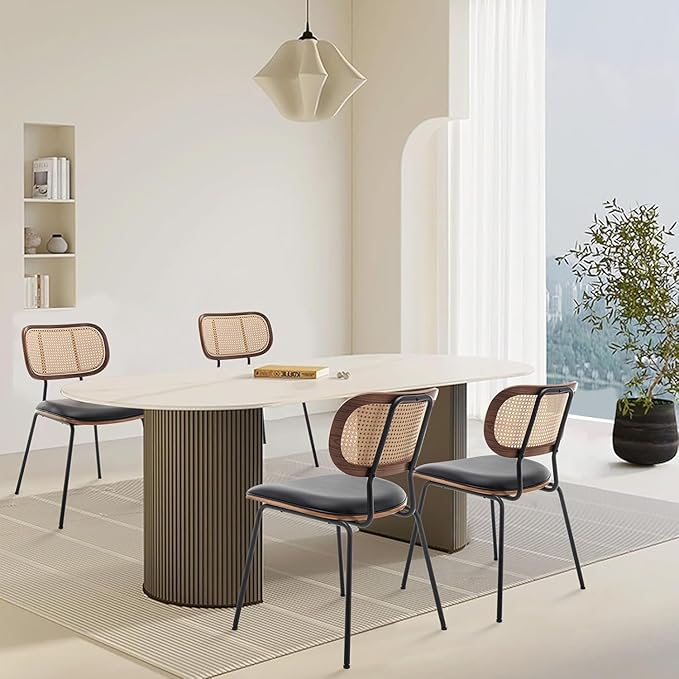 HOCEWI Rattan Dining Chairs Set of 2, Mid Century Modern Dining Chairs with Cane Back for Kitchen Dining Room, 19 Inch Faux Leather Black