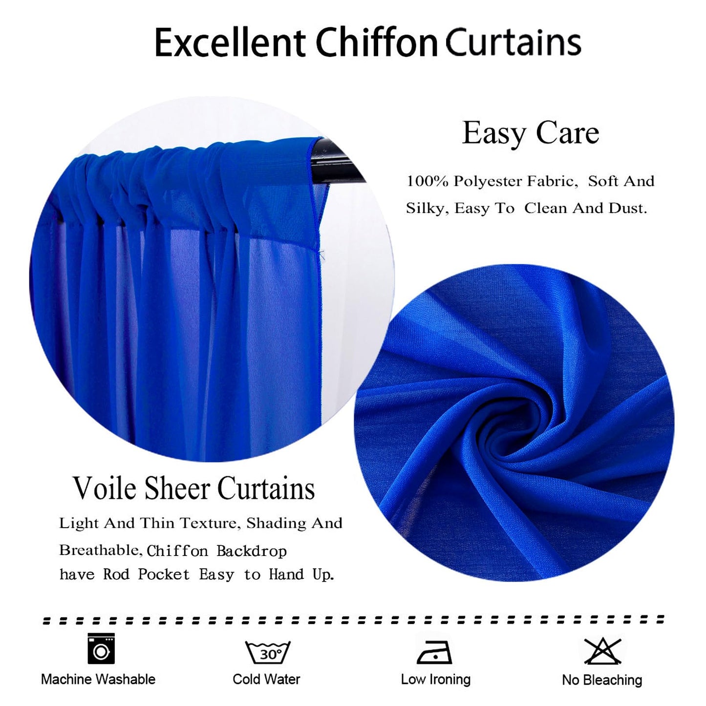 DUOBAO Chiffon Backdrop Curtain 96 Inches Royal Blue Polyester Fabric Drapes for Wedding Ceremony Voile Curtains 2 Panels 29"x96" Sheer Photography Backdrops Drape