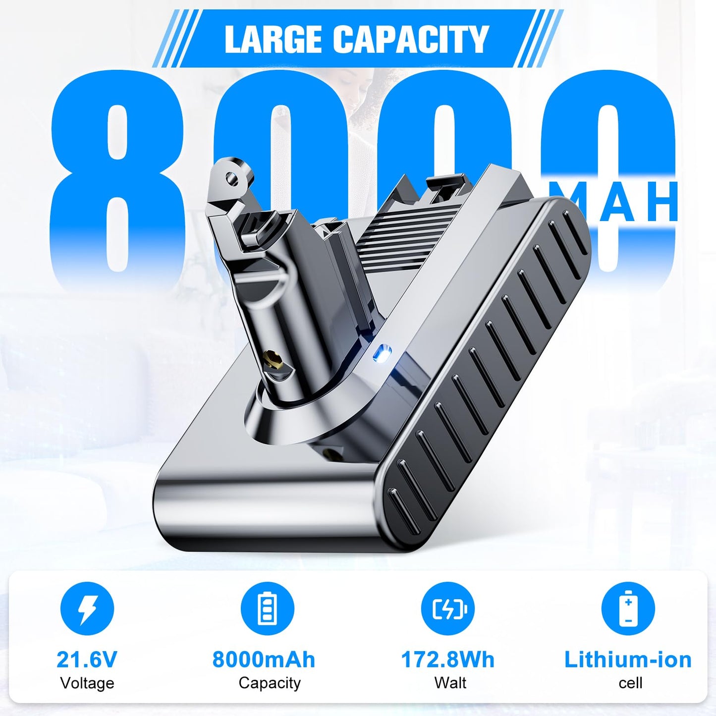 8000mAh Replacement for dyson V6 Battery 21.6V Lithium VTC4 SV03 SV04 SV05 SV06 SV07 SV09 DC58 DC59 DC61 DC62 DC72 DC74 Absolute Animal Motorhead Slim Vacuum with 2 Filters (V6)