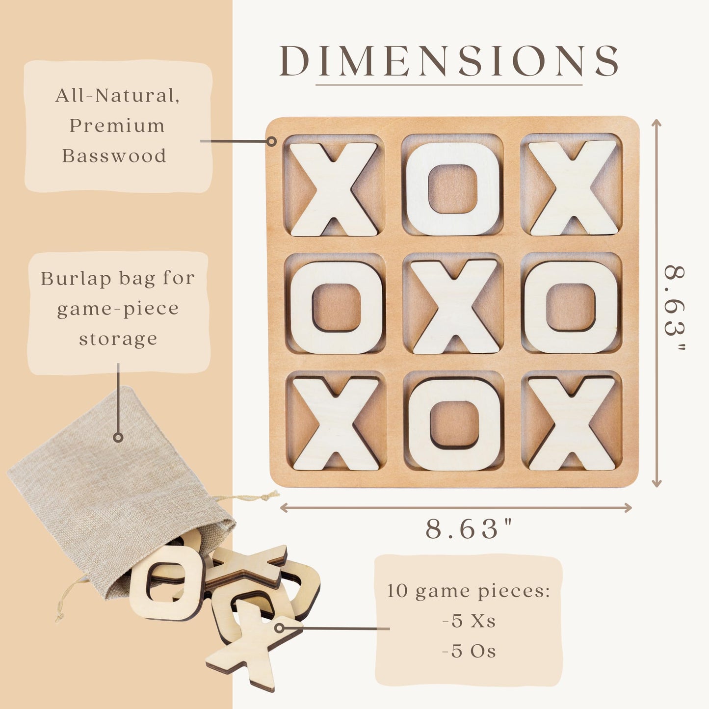 Tic Tac Toe Game, Versatile Boho Natural Wood Tic Tac Toe Board for Classic Two Person Games, 8.63 Inches Tic Tac Toe Coffee Table Decor, Two Ways to Play