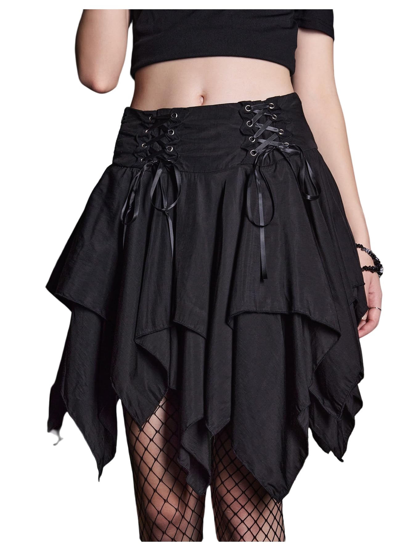 Verdusa Women's Goth Fairy Layered Skirt Renaissance Skort Lace Up Asymmetrical Mini Skirts Black Small
