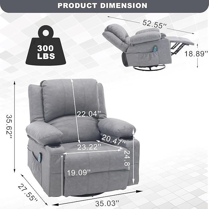 Comermax Massage Recliner Chair with Heat, 360° Swivel Rocker Recliner Chair with Cup Holders, 150° Recline PU Leather Recliner for Living Room,Grey