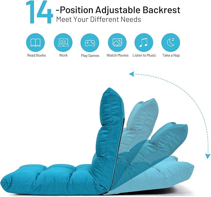 GORELAX Floor Chair with Back Support, 14-Poistion Adjustable Folding Gaming Chair Recliner, Meditation Chair with Steel Frame, Padded Lazy Sofa Chair for Adults, Kids (Turquoise)