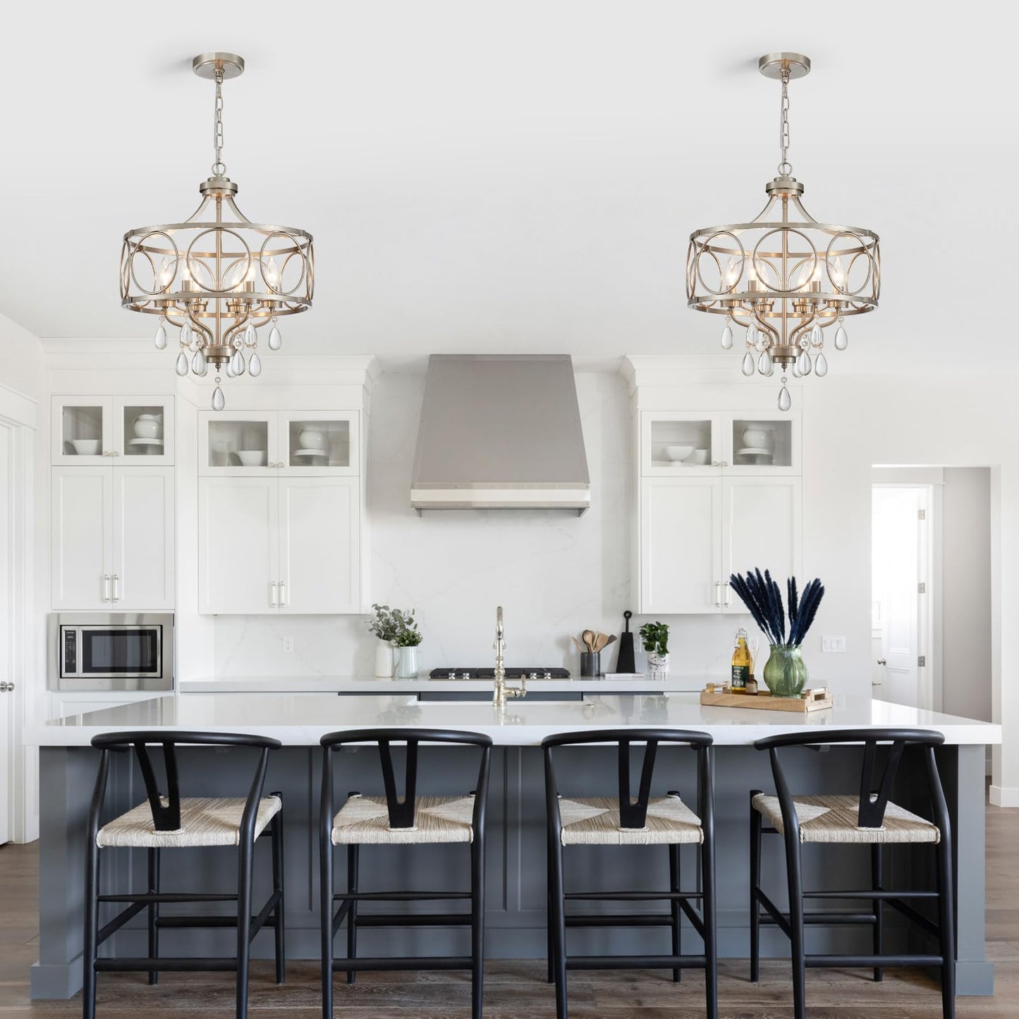 Majhoiw Crystal Chandeliers for Dining Room,17.7" Brushed Nickel 6 Lights Hanging Pendant Lighting Fixture Metal Farmhouse Chandelier for Kitchen Island Entryway Living Room