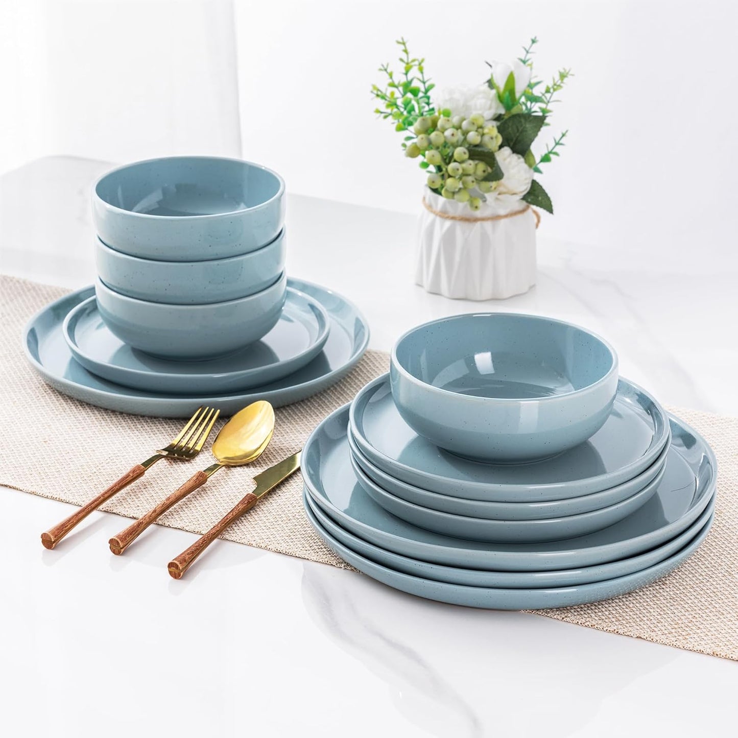GBHOME Ceramic Dinnerware Set for 4, 12pcs Stoneware Plates and Bowls Sets, Handmade Chip and Scratch Resistant Dishes Set, Dishwasher & Microwave Safe