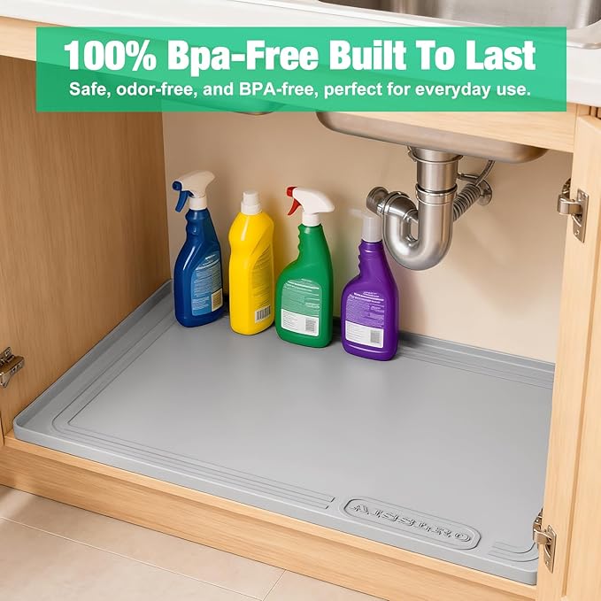 Under Sink Mat 25" X 19", Waterproof Silicone Under Sink Mats for Kitchen, Anti-Leak Shelf Liner & Cabinet Protector with Raised Edge, [BPA Free] Bathroom Tray Home Organizer, Light Grey