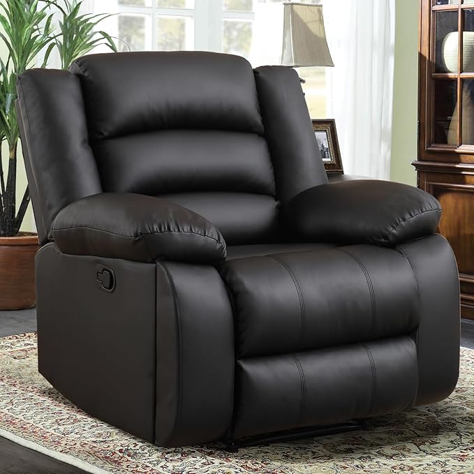 EBELLO Faux Leather Manual Recliner Chair, Single Reclining Sofa Chair Couch with 2 Concealed Cup Holders, Overstuffed Armrest Backrest for Living Room, Bedroom, Meeting Room, Black
