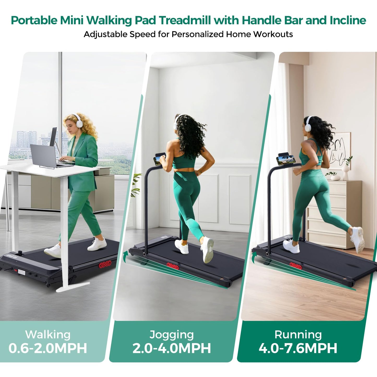 Walking Pad Treadmill with Handle Bar and Incline, 0.6-7.6MPH Electric Under Desk Treadmill for Home Small, 350LBS Mini Small Treadmills with Handles, 3.0HP Portable Treadmills for Home Exercising