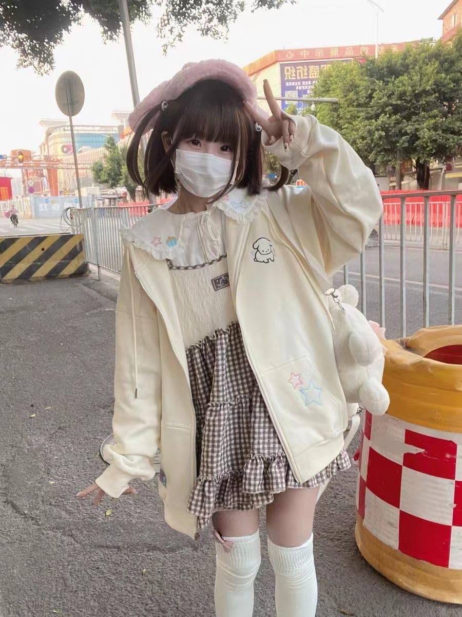 OATSBAS Kawaii Zip Up Hoodie Women Cute Cartoon Embroidery Oversized Pullover Sweatshirt Harajuku Kawaii Hooded Top (Small,Beige-Thick)