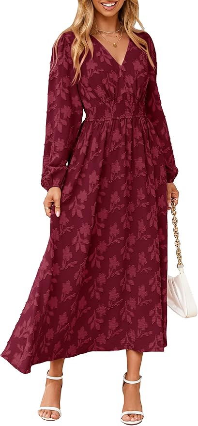 Simplee Womens Boho Floral Long Sleeve Maxi Dress V Neck Empire Waist Fall Wedding Guest Dresses with Pockets
