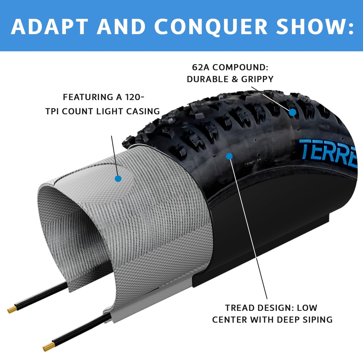 Fat Bike Tire by Terrene - Cake Eater Light 26X4.0 Inch Tubeless, Stud Capable, Fast Rolling Fat Tire for Snow, Ice Traction - All Season Bike Accessories for Fat Tire and E-Bikes - 120 TPI