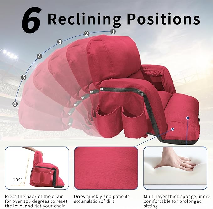 Stadium Seats with Back Support,Wide Stadium Chairs with Back and Cushion, Sofa Style Stadium Seats, 6 Reclining Positions, Extra Thick Bleacher Seat for Sports Events (Red-2 Pack,Wide|25")
