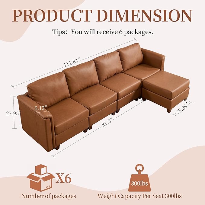 Atrtivoent 111.8" Modular Sectional Sofa,Modern L Shaped PU Leather Sofa with Storage,5 Seat Deep Seat Sectional Couch for Living Room,Brown