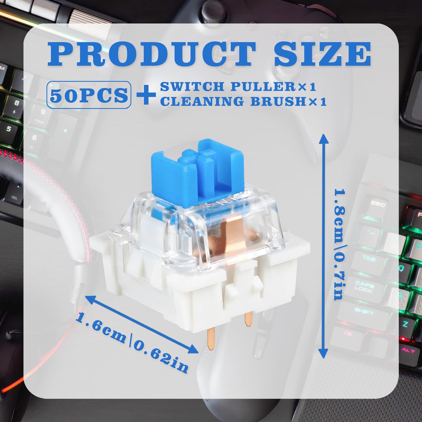 Deftomo 50 Pcs Blue Keyboard Switches, 3-Pin Clicky Tactile Mechanical Keyboard Switches, Complete DIY Replacement Kit with Switch Puller & Brush