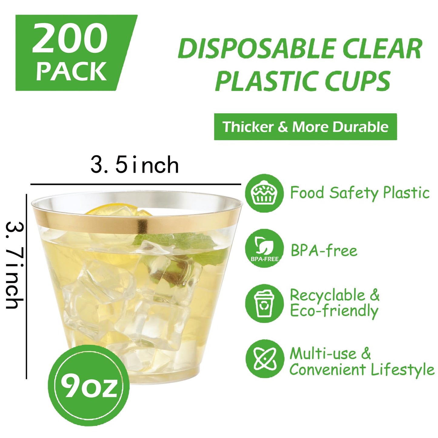 Hioasis 200Pcs 9OZ Clear Cups - Plastic Disposable Cups with Gold Trim, Heavy Duty & BPA-free for Party, Wedding, Reception