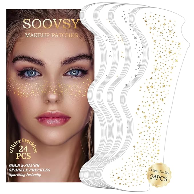 24pcs Gold and Silver Glitter Freckles Face Tattoo, Sparkle Freckles Temporary Face Tattoos, Body Face Glitter Makeup Patc...