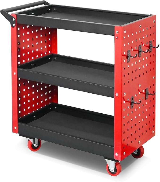 XCX 3 Tier Rolling Tool Cart on Wheels, 660LBS Load Capacity Heavy Duty Utility with Pegboard for Repair Shop, Garage, Warehouse, Workshop