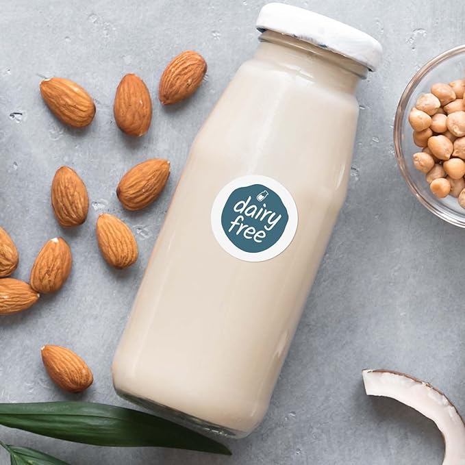 Blue Dairy Free Stickers / 500 Small 1" White Gloss Circle Labels/Chic Teal Lactose Free Food Safety Seals with Modern Aesthetic/Made in The USA