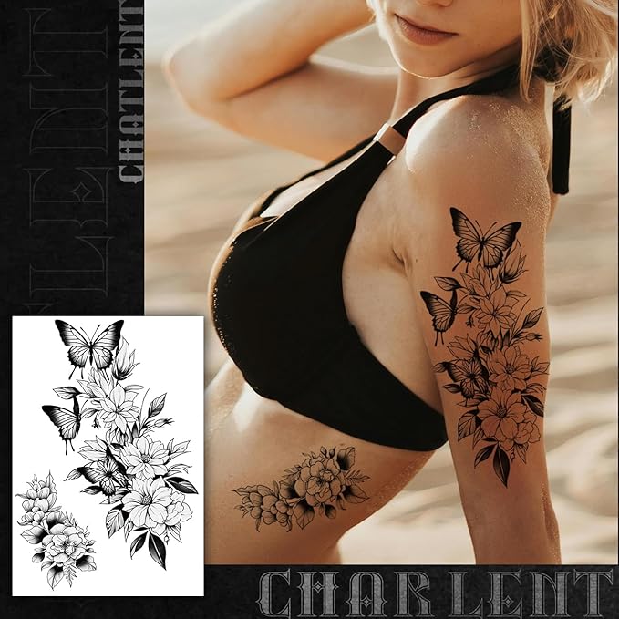 CHARLNET Large Flower Temporary Tattoos for Women - 28 Pcs Sexy Black Flower Rose Fake Tattoos for Women Body Art Arm Chest Legs Shoulder Abdomen