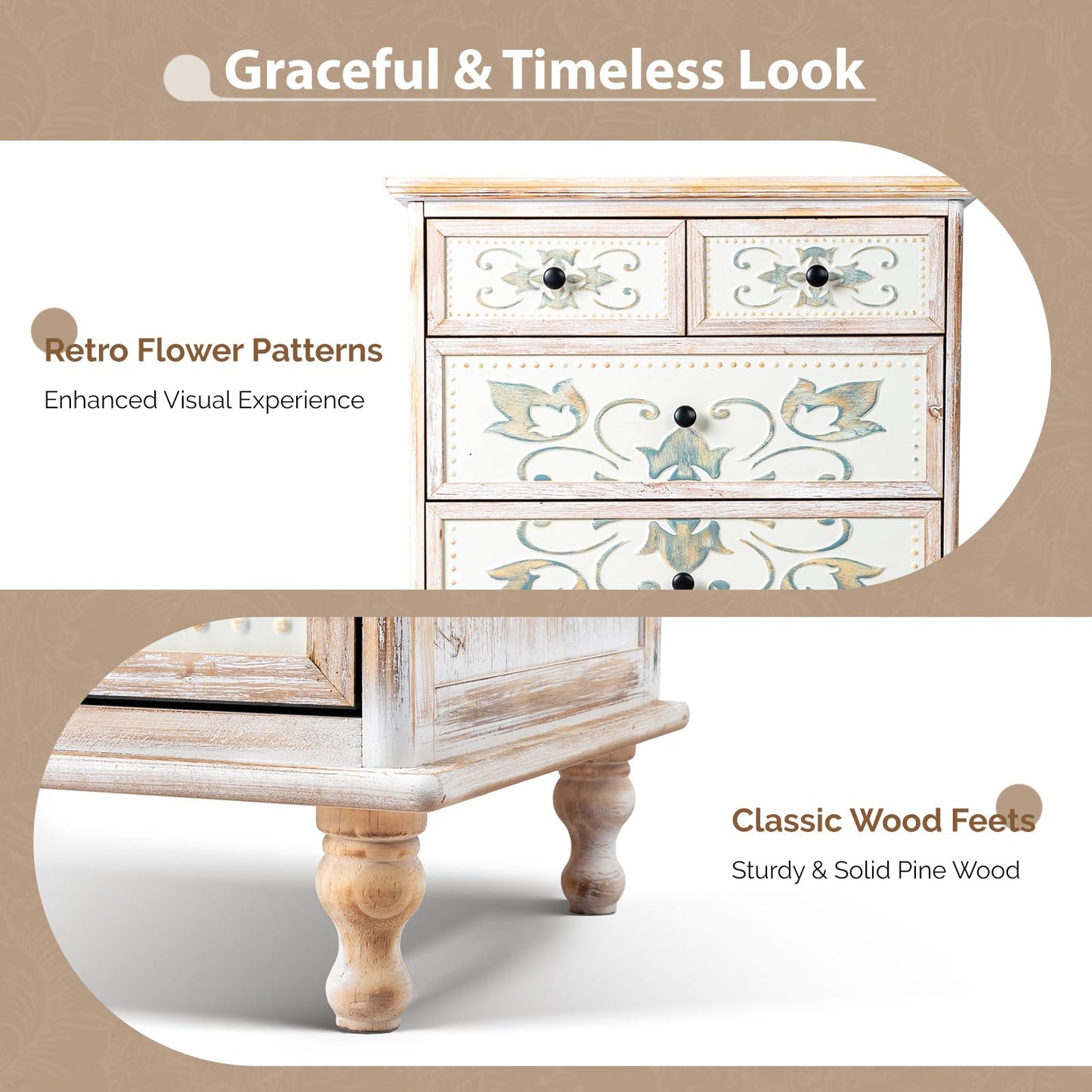 VINGLI Dresser Wood Chest of Drawers for Bedroom, Tall Dresser, Boho Dresser 6 Drawer Chest, Wooden Dresser with Drawers and Solid Wood Legs, Rustic Dresser, Washed White