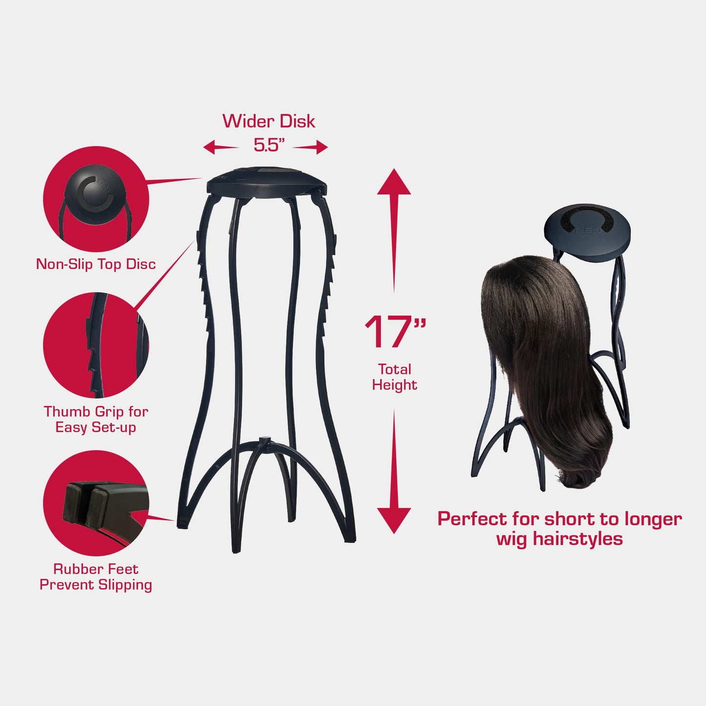 Red by Kiss One Touch Wig Stand, Collapsible & Sturdy, 17    Heavy Duty Travel Wig Stand with Nonslip Grip & Rubber Feet for Eas