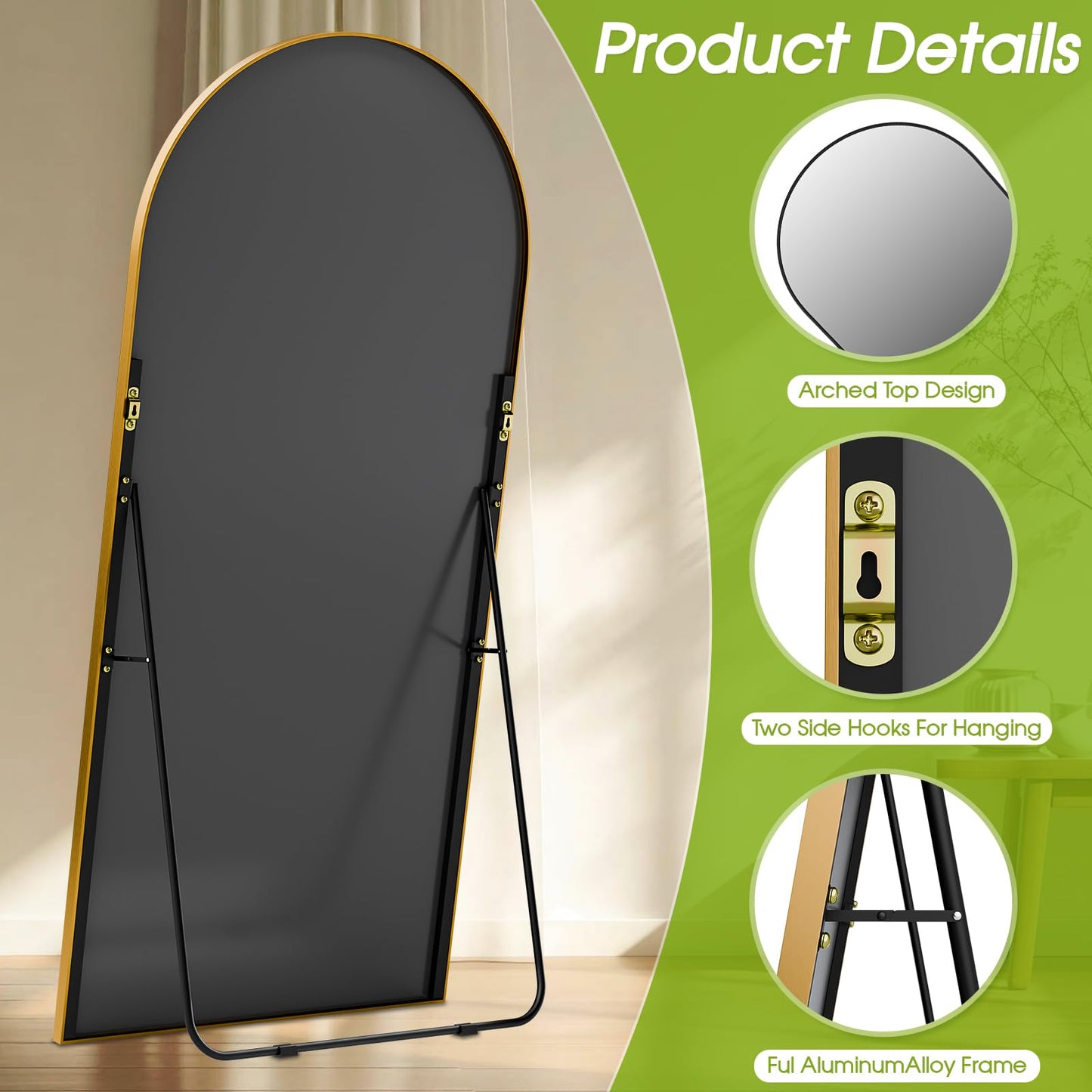 NBGV 76"x34" Floor Mirror Full Length, Arched Full Length Mirror with Stand, Large Full Body Mirrors for Bedroom Living Room or Cloakroom Gold