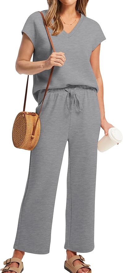 Saloogoe Two Piece Sets for Women Summer Outfits Lounge Sets V Neck Tops Wide Leg Pants Woman Vacation Travel Outfits