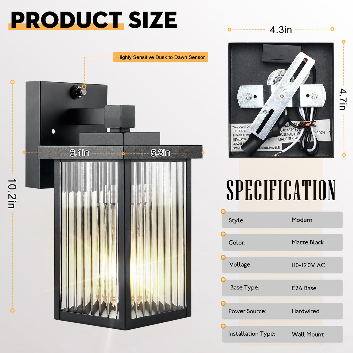 hameso Dusk to Dawn Outdoor Lighting, Waterproof Outdoor Porch Light with Tempered Glass, Outdoor Light Fixture for House Exterior Front Door Garage Patio
