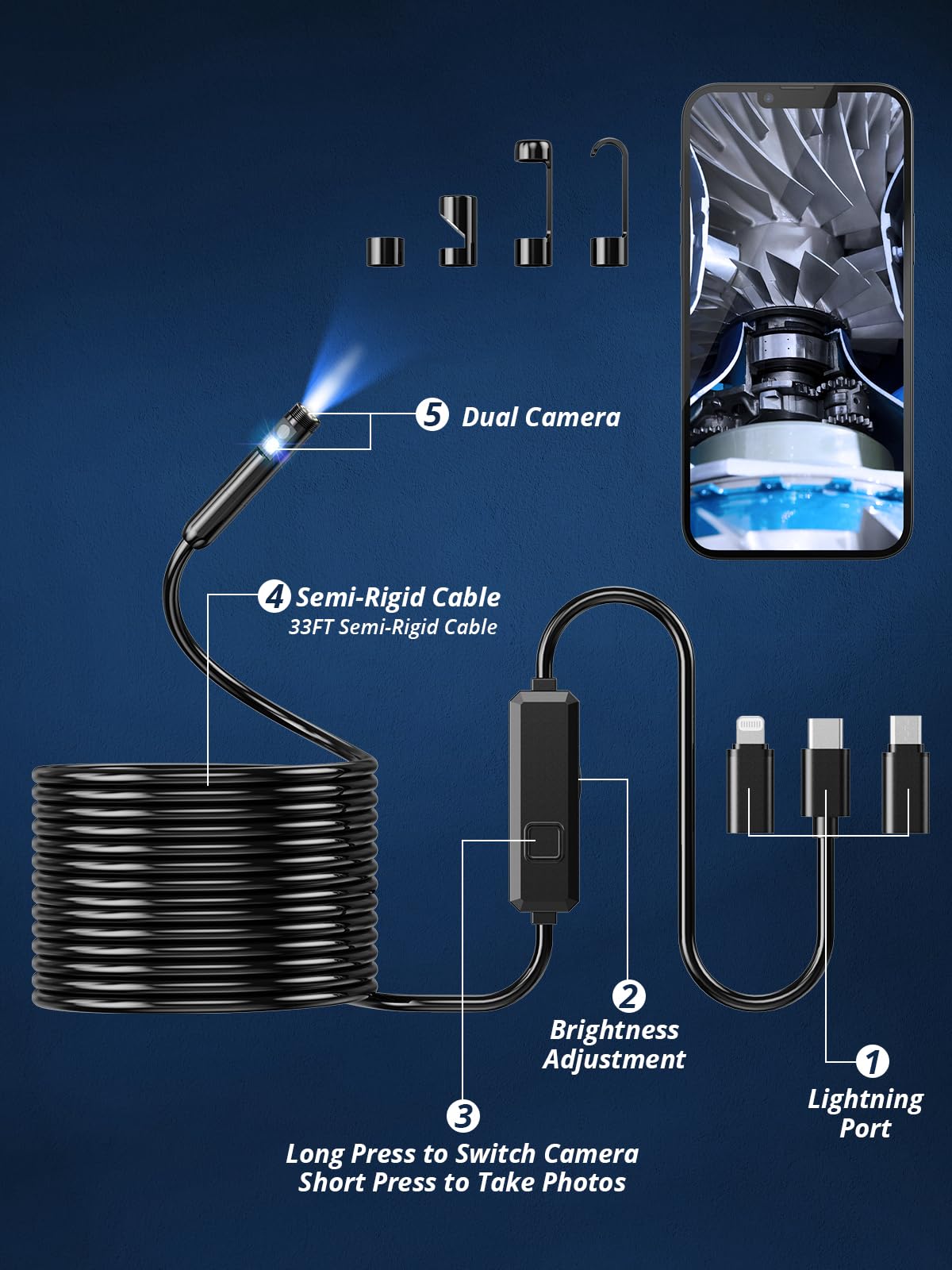 Acoath Endoscope Camera with Light, Dual-Lens 1920P HD Borescope with 8 Adjustable LED Lights, IP67 Waterproof Boroscope Inspection Tools, 33ft Semi-Rigid Snake Camera for iOS & Android