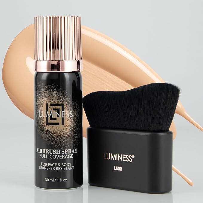 LUMINESS Airbrush Body Coverage with Self Tanner Brush - Tattoo Cover Up Makeup - Full Coverage Foundation for Face & Body - Water-Resistant, Long-Wear, Natural Radiant Finish, Fair