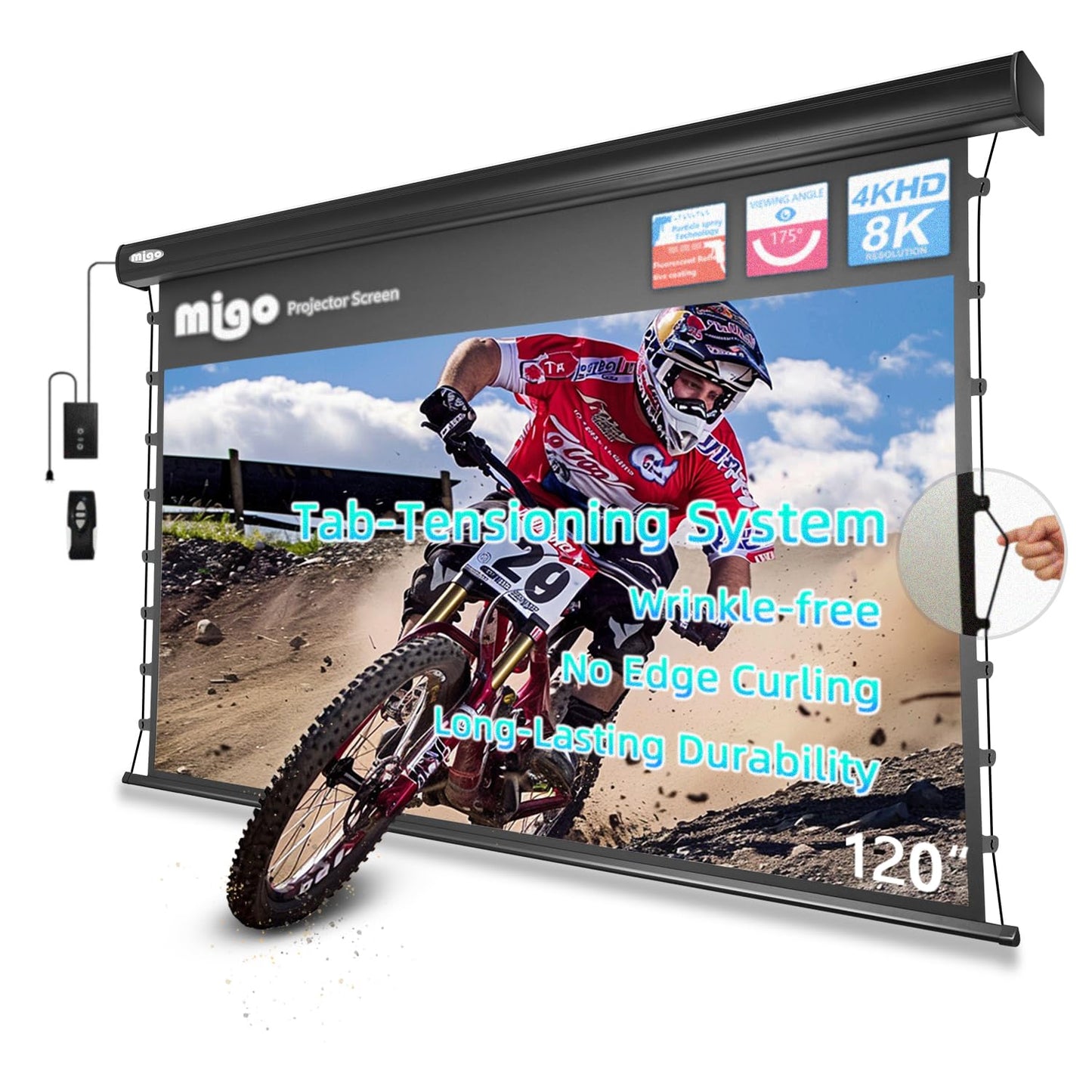 MIGO 120 Inch Motorized Projector Screen Pull Down,2.0 Gain Partial Ambient Light 4K HD TabTension Electric Projector Screen Wall/Ceiling Mount for UST Projector Indoor Home Theater Bar(Black Housing)