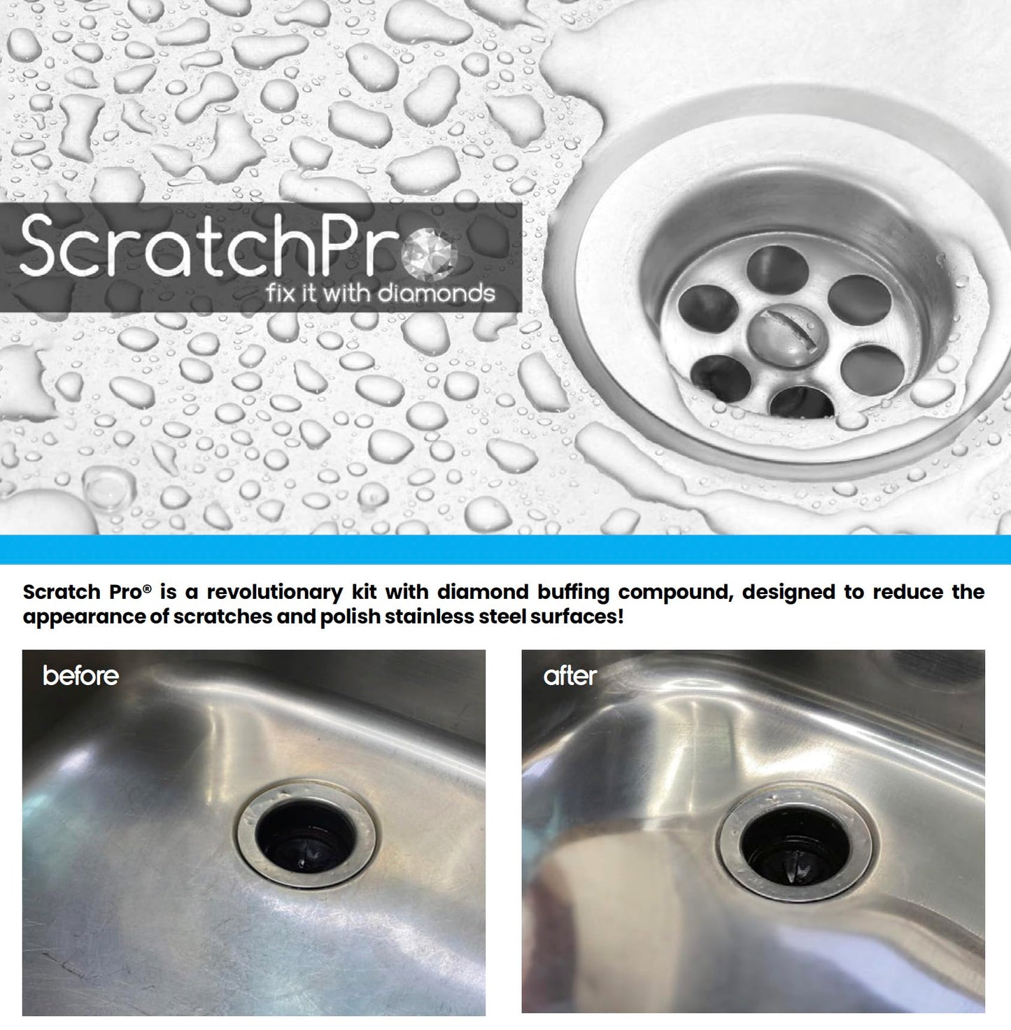Scratch Remover Kit for Polishing and Repairing Stainless Steel Sinks, with Diamond Buffing Compounds, to Reduce The Appearance of Ugly Scratches and Polish Sink for Factory Fresh Look in No Time