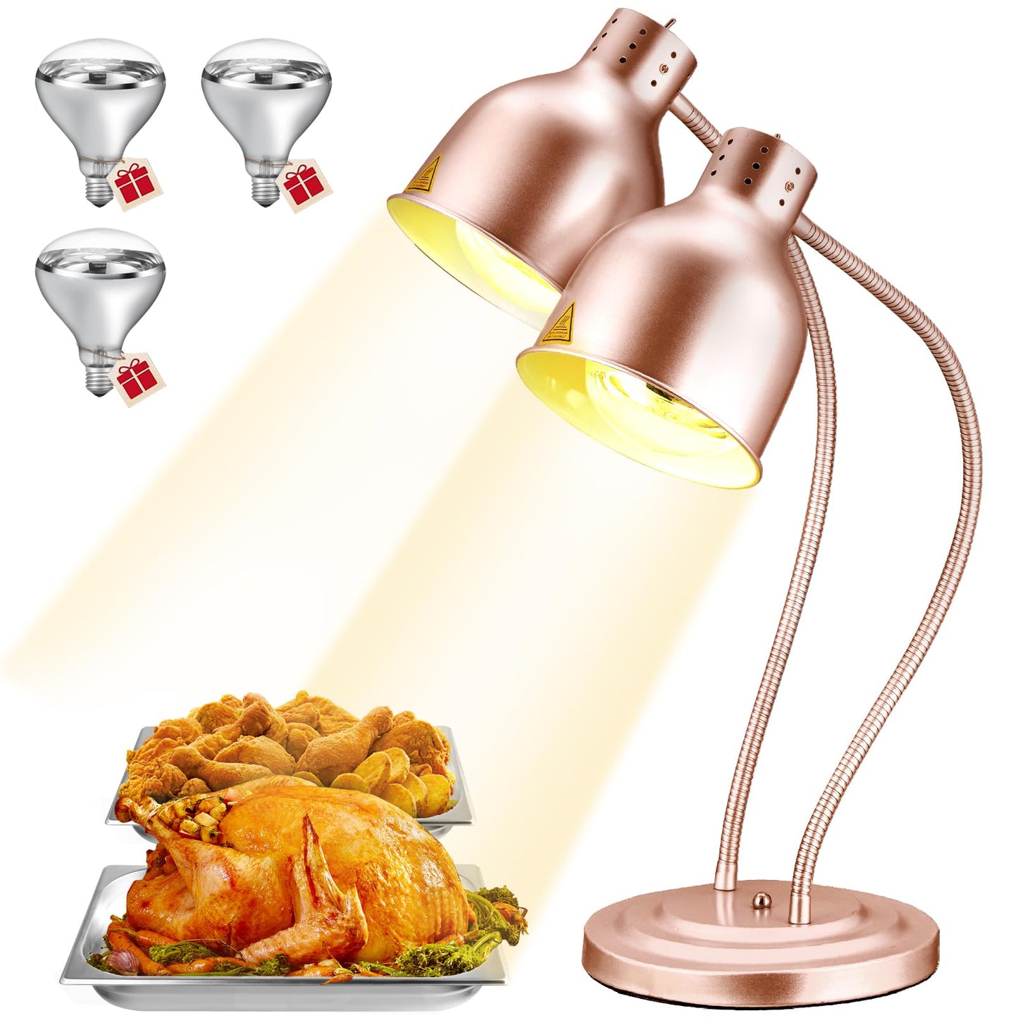 RVGMBO Food Heat Lamp - [3 Bulbs Included] [Rapid-Heating], 500W Commercial Food Warmer Light, Heat Lamp for Food, Catering Warming Lamp for Buffet Parties, Painted Copper,N2