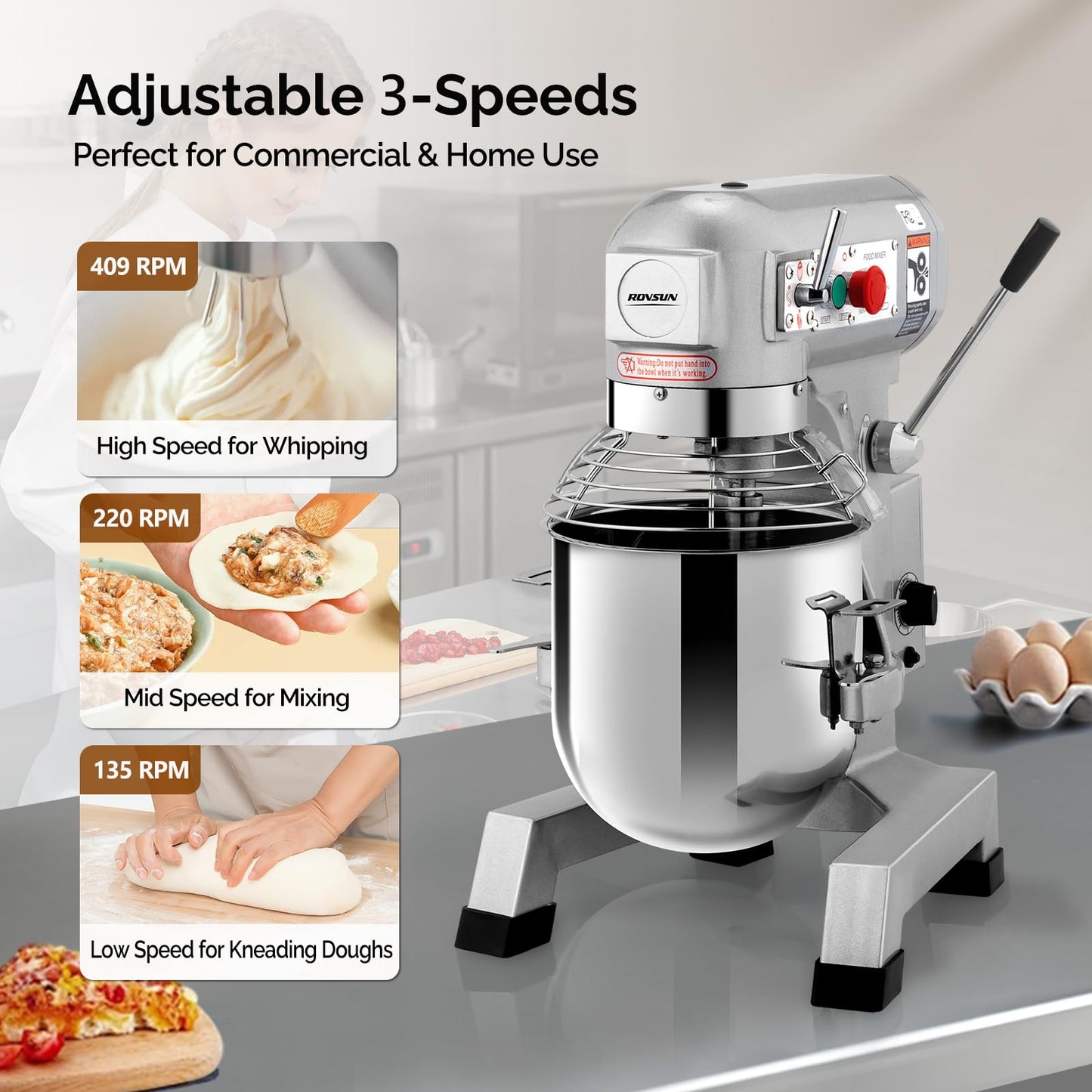 ROVSUN Commercial Food Mixer, 15QT 550W Electric Commercial Dough Mixer with 3-Speeds Adjustable, Stainless Steel Bowl Stand Mixer With Safety Guard for Bakery Pizzeria Restaurants