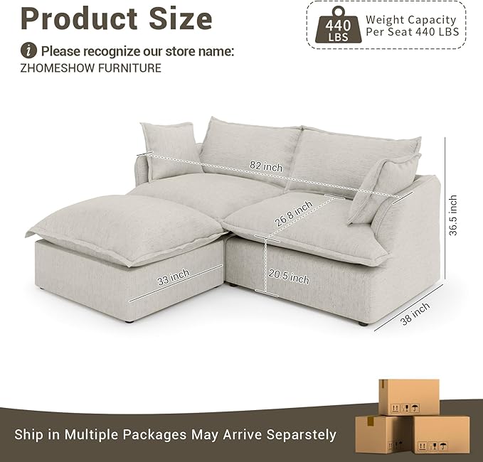 Lopzeho 82” Modular Sectional Sofa, Comfy Down Fill Cloud Couch with Movable Ottoman, L Shaped Modular Small Couch with Washable Cover, Sectional Couches for Living Room Small Apartments, Light Gray