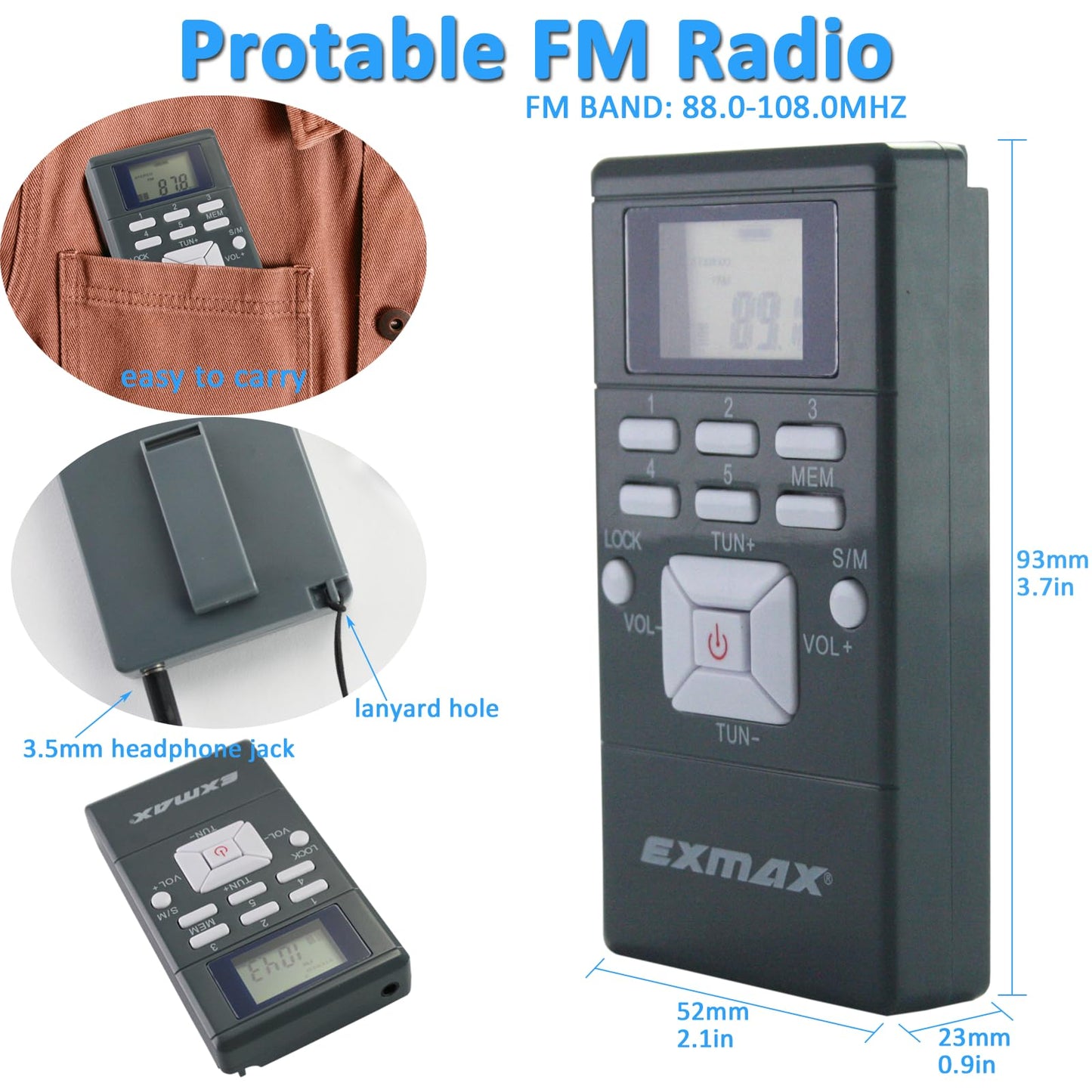 Exmax E108 Wireless Stereo Fm Radio Receiver - Portable Pocket Mini With Earbuds, Lcd Clock For Translator Tour Guide System, Jo
